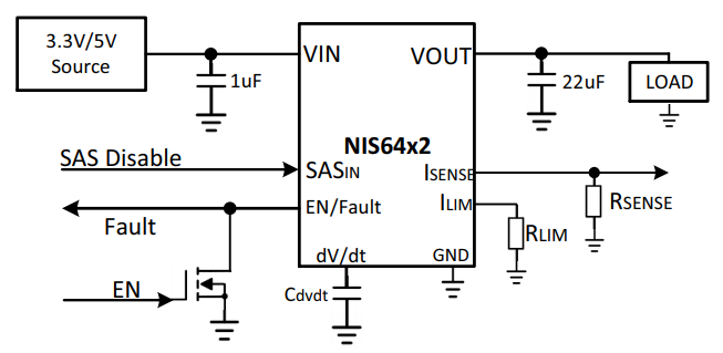 应用电路图 - onsemi NIS64x2自恢复电子保险丝